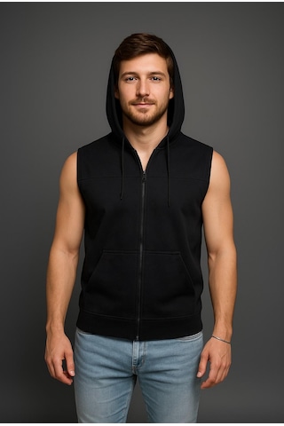 Axxel Erkek Siyah Fermuarlı Kapüşonlu Kanguru Cepli Kolsuz Yelek-y1142 Siyah