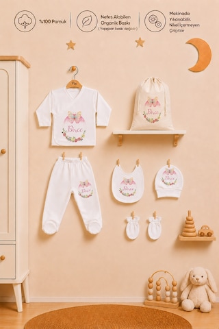 Pia Baby İsim Baskılı Kız Bebek Hastane Çıkışı 6'lı Zıbın Seti %100 Pamuk Organik Baskılı Yeni Doğan Bebek Hediyesi 1034zk0x Ekru