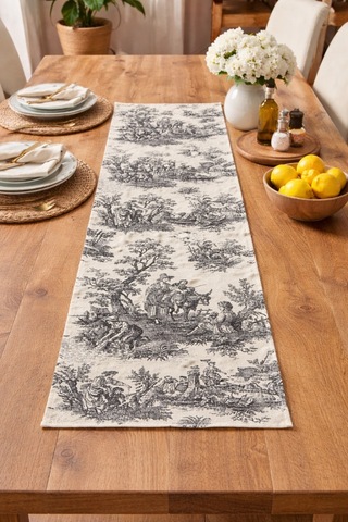Toile De Jouy %100 Pamuk Dekoratif Masa Runner 40x110 Cm - Zt310 Siyah