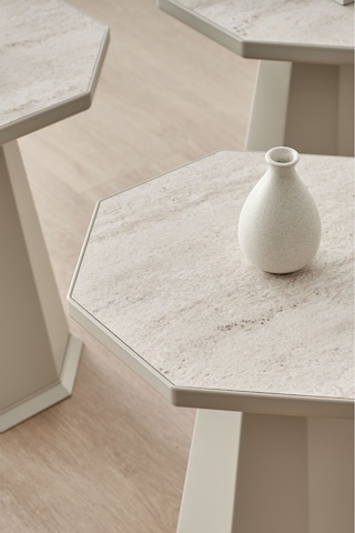Elegance 3'lü Sehpa,yan Sehpa,zigon Sehpa - Kumtaşı Açık Bej & Traverten Desenli Tabla Kumtaşı Açık Bej Gövde & Traverten Desenli Tabla