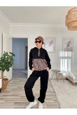 Ge Ticaret Kadın Uzun Kollu Leopar Detay Sweat Ve Yanı Leopar Şerit Detay Pantolon Ikili Takım Siyah