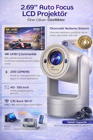 Şarjlı Android Auto Focus Projeksiyon 4k Destekli 720p Dahili Hoparlör Wifi 2.4g/5g Taşınabilir Lcd