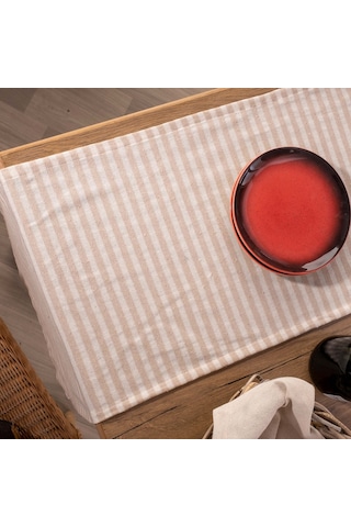 Vivamaison Sütlü Kahve Çizgili Keten Kumaş 42X150 CM Runner