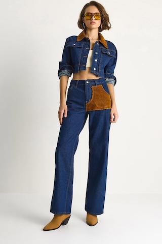 Shade Kadın Kadife Yaka Ceket Renk Bloklu Wide Leg Pantolon Denim Takım 6087 60283532 - Lacivert