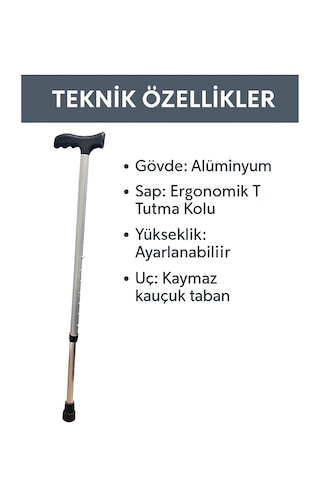 Ayarlanabilir Alüminyum T Baston Kaymaz Tabanlı Yürüme Destek Bastonu