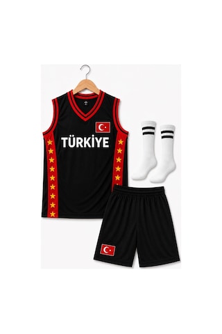 Sonvadi Çocuk Basketbol Forması Türkiye Armalı Siyah-kırmızı 3 Parça Çorap Siyah