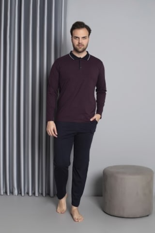 Erkek Düğmeli Desenli Uzun Kollu Pijama Takımı 16585 Bordo Bordo