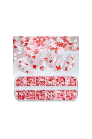 Kırmızı Tırnak Süsleme Folyo Pulları Karışık Dizayn Kelebek Kalp Çiçek Nail Art