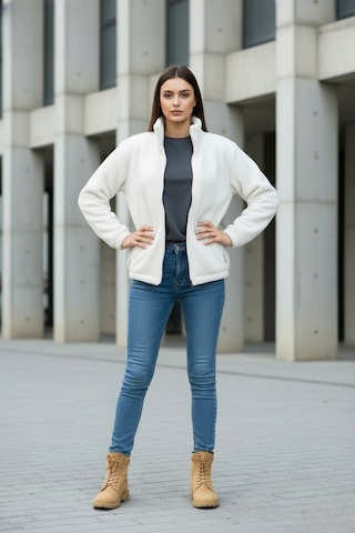 Kadın Oversize Peluş, Polar, Fermuarlı, Teddy Dik Yaka, Sıcak Tutucu Yumuşak Kışlık Ceket Beyaz