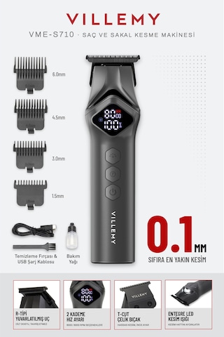 Vme-s710 Profesyonel Saç Kesme, Sakal Ve Ense Tıraş Makinesi Sıfıra En Yakın Kesim 0.1 Mm T-cut Led