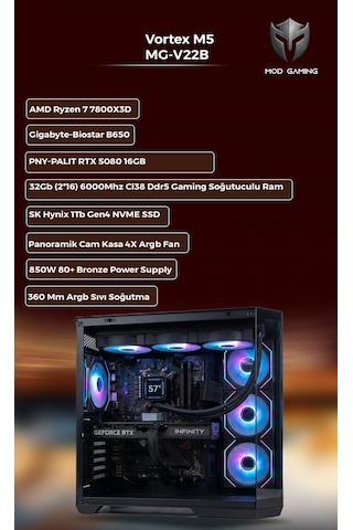 Mod Gaming Vortex R7-7800X3D 32 GB 1 TB SSD RTX5080 Free Dos Oem Paket Masaüstü Oyuncu Bilgisayarı