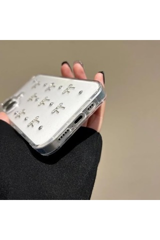 İphone 16 Uyumlu Kılıf Fiyonk Desenli Şeffaf Simli Gümüş Kamera Çıkıntılı Çok Şık Kapak İphone 16 Pro 50 x 22
