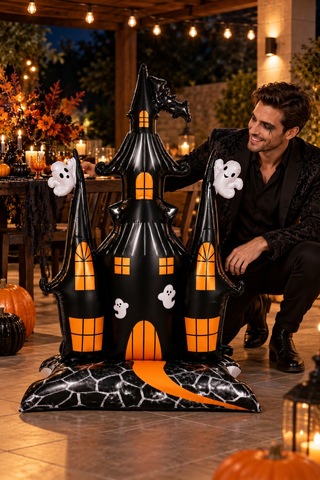 Halloween Cadılar Bayramı Ayaklı Perili Şato Folyo Balon 106 Cm Siyah Turuncu Hayaletli Oda Süsü Çok Renkli