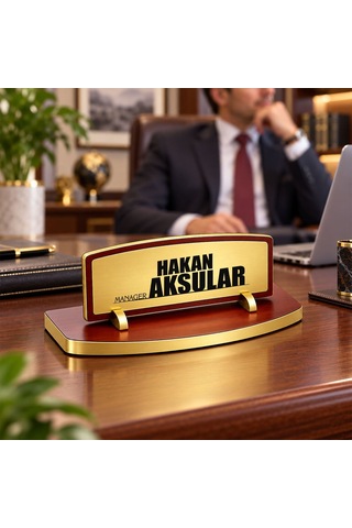 Bk Gift Kişiye Özel Ahşap Masa İsimliği Gold Plakalı Bk27 -5 Çok Renkli