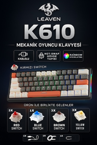 K610 Kablolu Kırmızı Switch Mekanik Oyuncu Klavyesi-61 Tuş Rgb-hot Swap