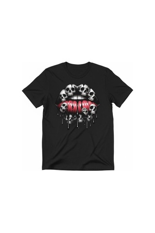 Kadın Kuru Kafa Dudak Baskılı Pamuklu T-shirt Siyah