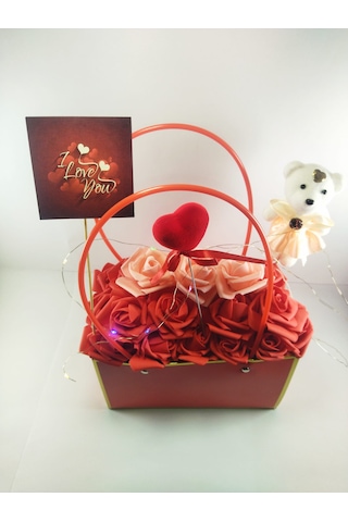 Işıklı Gül Aranjmanı I Love You Yazılı Kalpli Çanta Dolusu Güller Ayıcıklı Romantik Sevgili Hediyesi Led Işıklı Dekoratif Çiçek Gül Kırmızı + Pembe