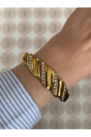 Pinery Jewels İri Taşlı Modern Paslanmaz Çelik Kelepçe Bileklik -günlük Ve Özel Altın