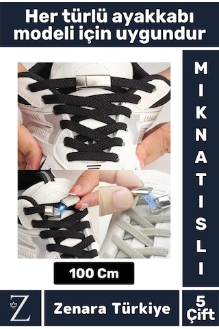 Zenara Premium Pratik Şık Klipsli Manyetik Mıknatıslı Lastikli Çocuk Ayakkabı Bağcığı 100 Cm 5 Çift Çok Renkli