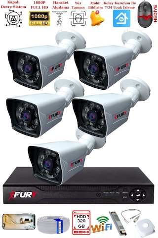 Fury 5 Kameralı 2mp Full Hd Görüntü 6 Atom Led Gece Görüşlü Dış Mekan Güvenlik Kamerası Seti 320gb