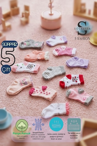 Socketta 5'li Karışık Renkli Sürpriz Paket Kız Bebek Pamuk Desenli Soket Çorap - Premium Çok Renkli