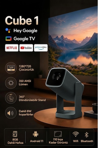 Wanbo Cube1 Projeksiyon Cihazı-Dahili Android TV 11.0 Widevine L1 sertifikalı & 8W Hoparlör -Koyu yeşil