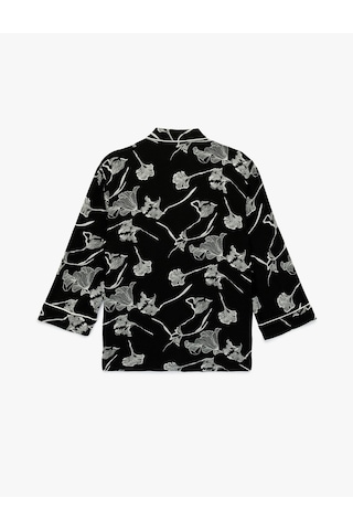 Koton Keten Karışımlı Uzun Kollu Kruvaze Çiçekli Kimono Ceket Siyah Desenli 6sak50033uw Siyah Desenli