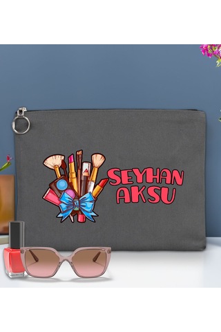 Bk Gift Kişiye Özel İsimli-3 Astarlı Antrasit Portföy Çanta 30x21cm, Baskılı El Çantası, Organizer Çanta