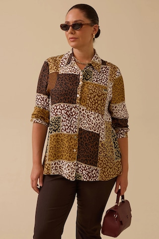 Galaxi Kadın Büyük Beden Desenli Gömlek 4016 Kahverengi Kahverengi