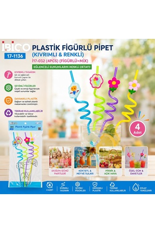 İbico İ17-032 4'lü Kıvrımlı Renkli Plastik Pipet - Figürlü Mix