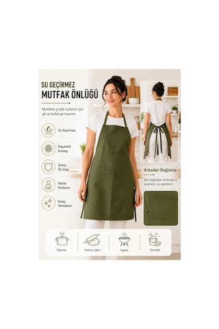Su Geçirmez Haki Yeşil Mutfak Önlüğü Ön Cepli, Arkadan Bağlamalı, Unisex Aşçı Ve Yemek Önlüğü