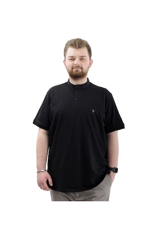 Mode Xl Büyük Beden Erkek Tişört Düğmeli Hakim Yaka T-shirt U24339 Siyah Siyah