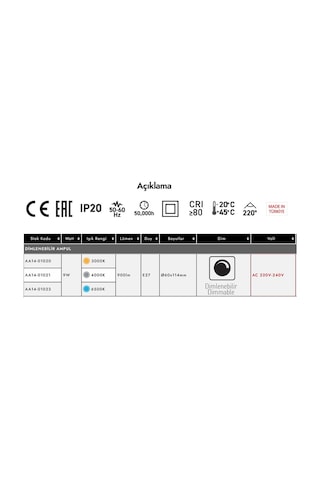 Ack 9w Dimlenebilir Led Ampul Ilıkbeyaz Işık 4000k E27 A60 Aa14-01021