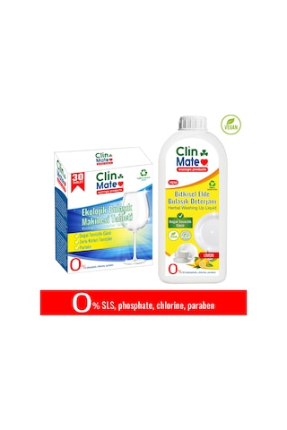 Clinmate Ekolojik Bulaşık Makinesi Deterjanı 30 Tablet + Bitkisel Elde Bulaşık Deterjanı Limon 750 ML