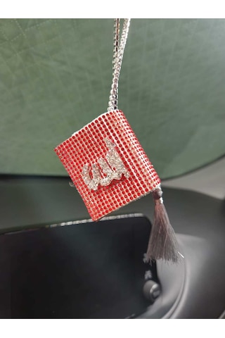 Kırmızı Kuran Kerim Gümüş Yazılı Gri Püskül