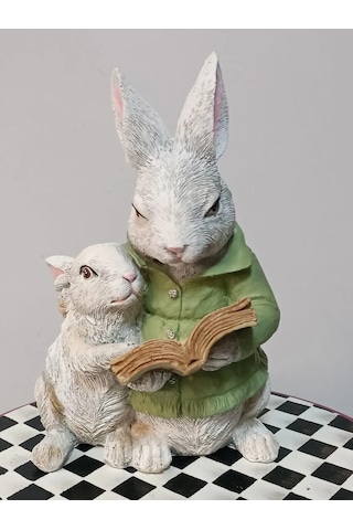 Sevimli Tavşan Biblo Kitap Okuyan Anne Çocuk Dekoratif Obje