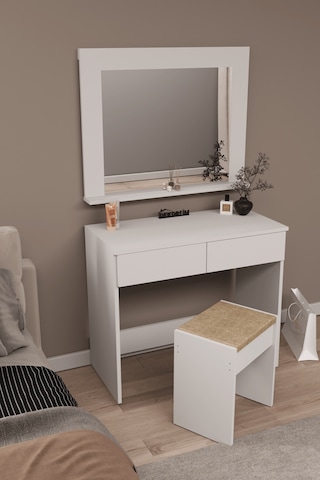 Df02109b Aynalı Puflu Beyaz Makyaj Masası Beyaz