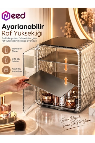 Need Dolap Tasarımlı Şeffaf Kapaklı Makyaj Organizeri Gold Transparan - Nd-8095-tpb
