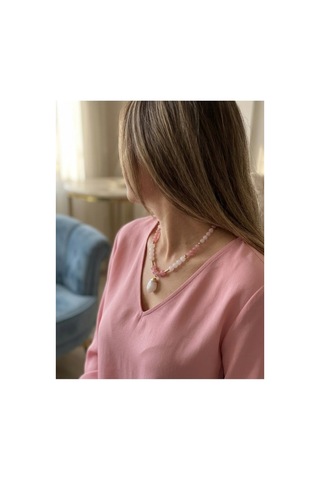 Leyan Doğal Taş 8-10 Mm Pembe Kuvars Taşı Tasarım Kolye Pembe Pembe