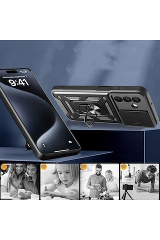 Samsung Uyumlu Galaxy A17 Kılıf Sürgülü Tank Zırh Yüzüklü Mıknatıslı Standlı Kapak S-vega Mavi