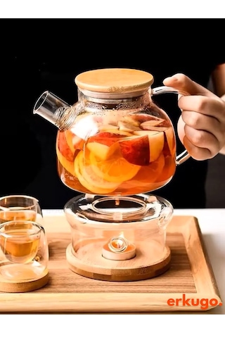 Vakumlu Bambu Kapaklı Isıya Dayanıklı Borosilikat Cam Demlik, Süzgeçli Demlik 1000 Ml Teapot Şeffaf