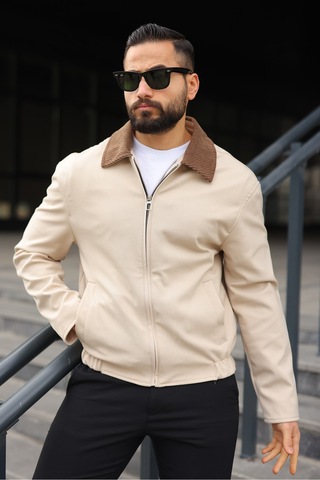 Kadife Yakalı Trucker Model Ceket Krem