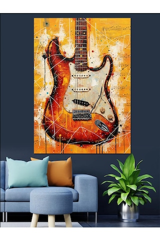 Ahşap Tablo Kırmızı Gitar Alev Desenleri İnsan Figürlü Tablolar