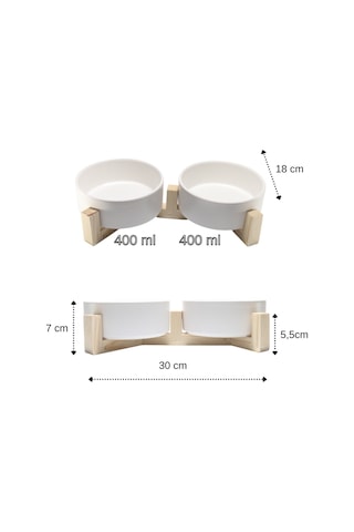 Yılmazel Seramik ve Doğal Ahşaptan Kedi Mama ve Su Kabı 2'li