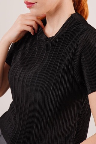 Fitilli Kısa Kollu Parlak Siyah Bluz Antrasit Melanj