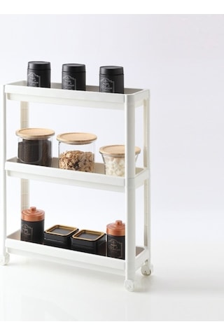 Bayev Banyo Mutfak Düzenleyici Organizer Katlı Raf Beyaz Tekerlekli 3 Katlı Raf Ünitesi Beyaz