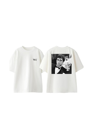 Thewert Tony Montana Black White Tasarım Sırt Baskılı Pamuk Beyaz Oversize T-shirt