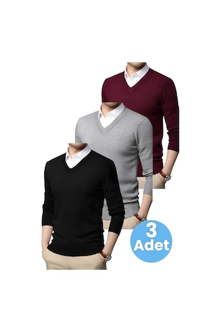 Tezzgelsin 3'lü Erkek V Yaka Uzun Kol Triko Tüylenmez Süveter Erkek Slim Fit Süveter Siyah - Gri - Bordo
