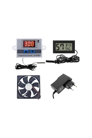 Kuluçka Makinesi Seti - 4 Parça - W3001 Termostat 220v - Isı Nem Ölçer - 12v Adaptör - 120x120 12v Fan-4925