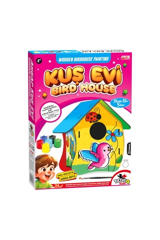 Ahşap Kuş Evi Boyama Etkinlik Seti 6 Renk Boya -fırça